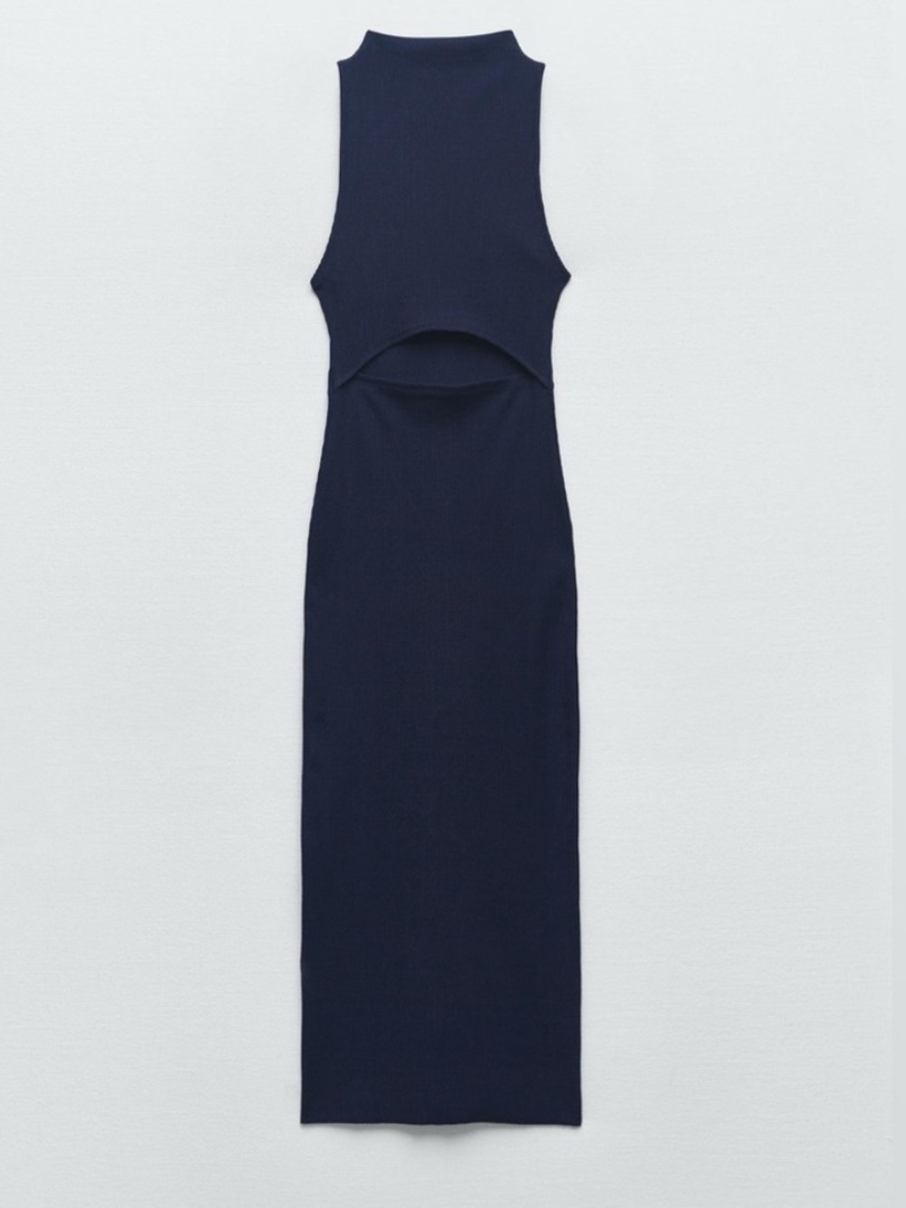 Zara Navy Ribbed Cotton Midi Dress with Front Cutout